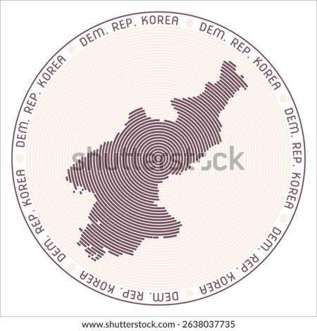 Democratic Republic of Korea round logo design. Country shape built of rings. Dem. Rep. Korea text around the country. Vector illustration.