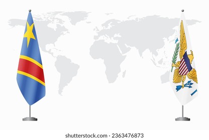 Democratic Republic of United States Virgin Islands flags for official meeting against background of world map.