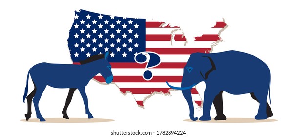 Democratic And Republican Party Mascots, Elephant And Donkey Animals Stand At USA Map, Flag Background. Question Mark For Presidential Election Winner, Voting Results, American Decision. Vector Banner