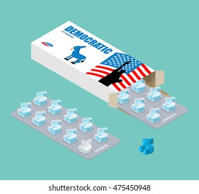 Democratic vitamins. Political Pills. Tablets in pack. Natural health products in form of blue donkey. USA election. Medical drugs for Democrats
