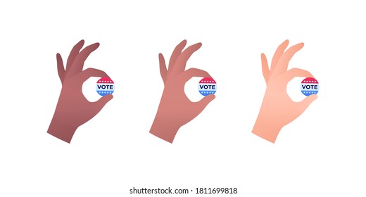 Democratic Vote And Election Day Concept. Vetcor Flat Illustration Set. Human Hand Hold Vote Cirlce Sign. Multiethnic Skin Color Isolated On White. Design For American Campaign, Web, Infographic.