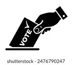 Democratic voting in elections icon. Man hand throws marked ballot into box. Vector on transparent background