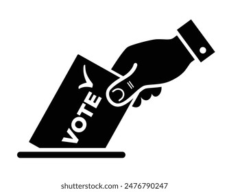 Democratic voting in elections icon. Man hand throws marked ballot into box. Vector on transparent background