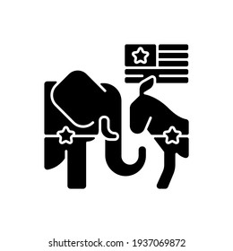 Democrats and Republicans black glyph icon. US politics. Activists and modernizers. Differences in philosophy. Controversial issues. Silhouette symbol on white space. Vector isolated illustration