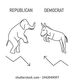 Icono lineal entre demócratas y republicanos. Política de EE.UU. Activistas y modernizadores. Ilustración personalizable de línea delgada.