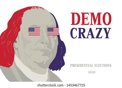 "Democrazy" text and man with long color hair. Illustration of crisis of democracy in the United States of America at presidential elections in 2020.