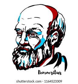 Democritus engraved vector portrait with ink contours. Ancient Greek pre-Socratic philosopher primarily remembered today for his formulation of an atomic theory of the universe.