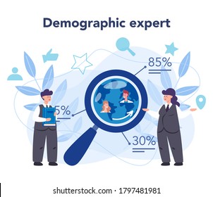 Demographer concept. Scientist studying population, analyze data about demographic numbers, in an area over a period of time. Isolated vector illustration