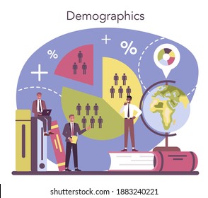 Concepto demógrafo. Científico que estudia el crecimiento de la población, analiza datos y estadísticas demográficas, en un área a lo largo de un periodo de tiempo. Ilustración vectorial aislada