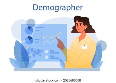 Demographer Concept. Scientist Studying Population Growth, Analyze Data And Demographic Statistics, In An Area Over A Period Of Time. Isolated Vector Illustration