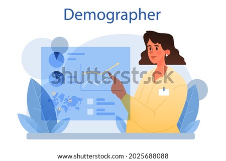 Demographer concept. Scientist studying population growth, analyze data and demographic statistics, in an area over a period of time. Isolated vector illustration