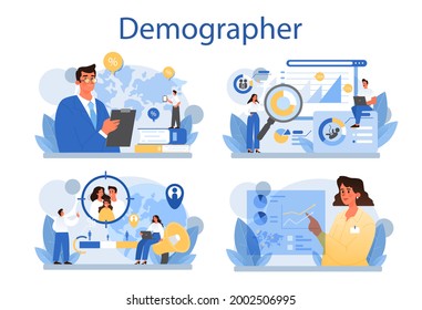 Demographer concept set. Scientist studying population growth, analyze data and demographic statistics, in an area over a period of time. Isolated vector illustration