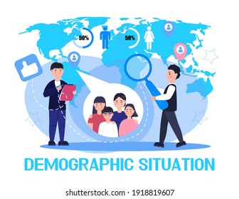 Demographer concept vector for landing page. Growth population in the world. Demographic experts analyzing data numbers of women, men, families. Diagrams, map, label are shown.