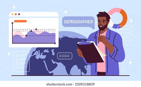 Conceito de homem demógrafo. Cara estudando gráficos estatísticos e gráficos para pesquisa. Avaliação da popularidade mundial e da demografia. Estatísticas de diferentes gerações. Ilustração de vetor plano