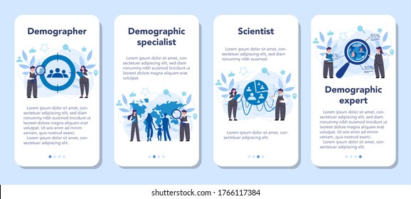 Demographer mobile application banner set. Scientist studying population, analyze data about demographic numbers, in an area over a period of time. Isolated vector illustration
