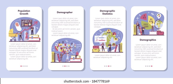 Demographer mobile application banner set. Scientist studying population growth, analyze data and demographic statistics, in an area over a period of time. Isolated vector illustration