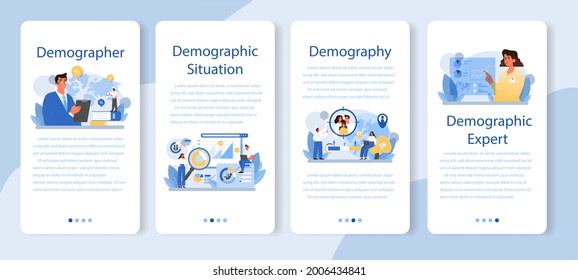 Demographer mobile application banner set. Scientist studying population growth, analyze data and demographic statistics, in an area over a period of time. Isolated vector illustration
