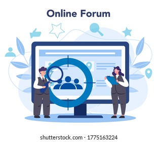 Demographer online service or platform. Scientist studying population, analyze data about demographic numbers. Online forum. Vector illustration