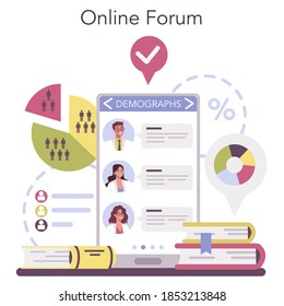 Demographer online service or platform. Scientist studying population growth, analyze data and demographic statistics. Online forum. Vector illustration