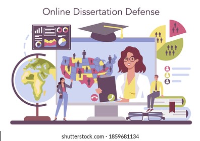 Demographer online service or platform. Scientist studying population growth, analyze data and demographic statistics. Online dessertation defense. Vector illustration