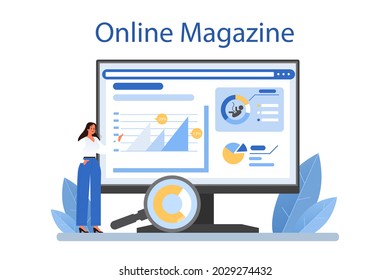 Demographer online service or platform. Scientist studying population growth, analyze demographic statistics. Online magazine. Flat vector illustration