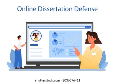 Demographer online service or platform. Scientist studying population growth, analyze demographic statistics. Online dissertation defense. Flat vector illustration