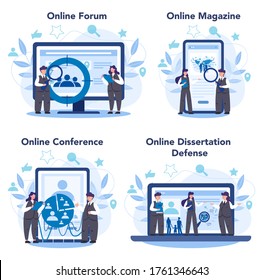 Demographer Online-Service oder Plattform-Set. Wissenschaftler studieren Bevölkerung, analysieren Daten über demografische Zahlen. Online-Forum, Magazin, Dessertation Verteidigung und Konferenz. Vektorgrafik