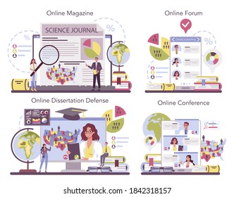 Demographer online service or platform set. Scientist studying population growth, analyze data and demographic statistics. Online forum, magazine, conference, dessertation defense. Vector illustration