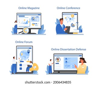 Demographer online service or platform set. Scientist studying population growth, analyze demographic statistics. Online forum, magazine, conference, dissertation defense. Flat vector illustration