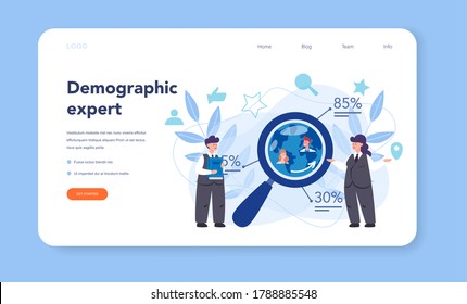 Demographer web banner or landing page. Scientist studying population, analyze data about demographic numbers, in an area over a period of time. Isolated vector illustration
