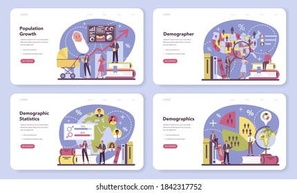 Demographer web banner or landing page set. Scientist studying population growth, analyze data and demographic statistics, in an area over a period of time. Isolated vector illustration