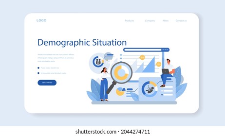 Demographer web banner or landing page. Scientist studying population growth, analyze data and demographic statistics, in an area over a period of time. Isolated vector illustration