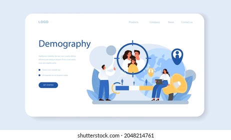 Demographer web banner or landing page. Scientist studying population growth, analyze data and demographic statistics, in an area over a period of time. Isolated vector illustration