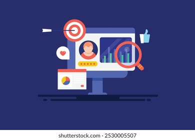 Análisis demográfico para campaña de publicidad digital, Persona comprador, datos del Cliente de anuncios digitales - fondo de Ilustración vectorial con iconos