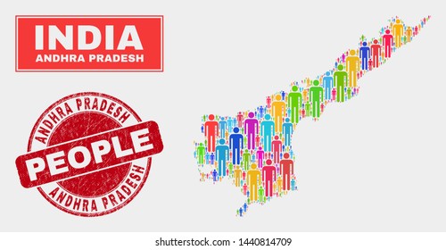 Demographic Andhra Pradesh State map illustration. People colorful mosaic Andhra Pradesh State map of guys, and red rounded grunge stamp seal. Vector combination for population public presentation.