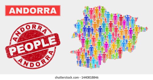 Demographic Andorra map abstraction. People color mosaic Andorra map of humans, and red rounded dirty stamp seal. Vector combination for population group representation.