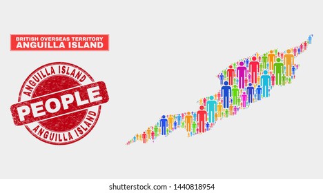 Demographic Anguilla Island map abstraction. People color mosaic Anguilla Island map of men, and red rounded rubber stamp. Vector collage for nation group presentation.