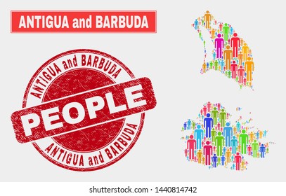 Demographic Antigua and Barbuda map illustration. People bright mosaic Antigua and Barbuda map of humans, and red round textured watermark. Vector collage for population community plan.