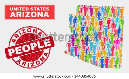 Demographic Arizona State map abstraction. People bright mosaic Arizona State map of men, and red round scratched seal. Vector combination for nation public plan.