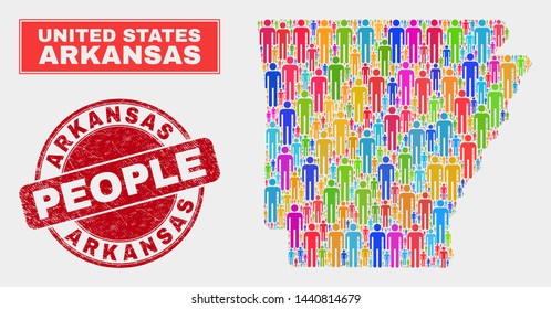 Demographic Arkansas State map abstraction. People bright mosaic Arkansas State map of crowd, and red round textured seal. Vector composition for population audience report.