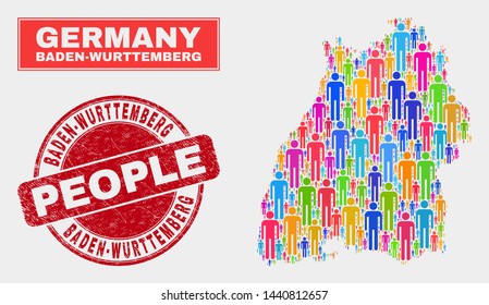 Demographic Baden-Wurttemberg Land map illustration. People colorful mosaic Baden-Wurttemberg Land map of humans, and red rounded textured watermark. Vector combination for nation public presentation.