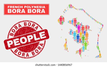 Demographic Bora-Bora map abstraction. People colorful mosaic Bora-Bora map of humans, and red rounded textured stamp. Vector composition for population public report.