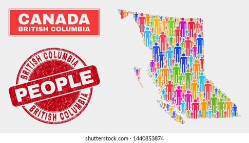 Demographic British Columbia map abstraction. People colorful mosaic British Columbia map of persons, and red round rubber stamp seal. Vector composition for nation group report.