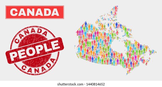 Demographic Canada map abstraction. People bright mosaic Canada map of men, and red rounded rubber seal. Vector composition for nation mass report.