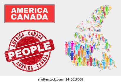 Demographic Canada v2 map abstraction. People color mosaic Canada v2 map of crowd, and red round dirty stamp seal. Vector collage for national community representation.