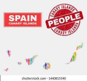 Demographic Canary Islands map abstraction. People bright mosaic Canary Islands map of guys, and red rounded grunge stamp seal. Vector combination for population group report.