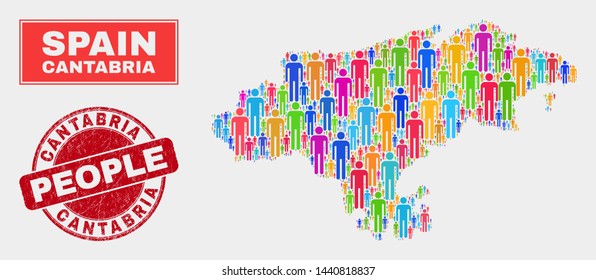 Demographic Cantabria Province map illustration. People color mosaic Cantabria Province map of guys, and red round rubber watermark. Vector collage for nation mass representation.