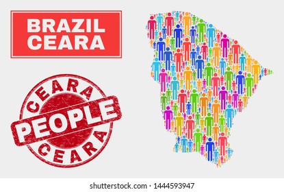 Demographic Ceara state map abstraction. People bright mosaic Ceara state map of humans, and red rounded grunge seal. Vector collage for nation group report.