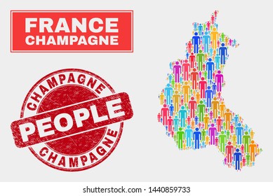 Demographic Champagne Province map abstraction. People color mosaic Champagne Province map of men, and red round scratched seal. Vector combination for national group plan.