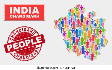 Demographic Chandigarh City map abstraction. People colorful mosaic Chandigarh City map of guys, and red round corroded watermark. Vector collage for nation community report.